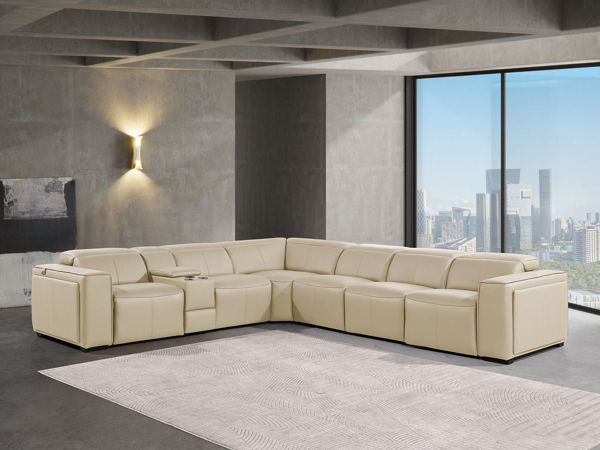 DivanItalia 1224 7-Piece L-Shaped Sectional Sofa in Top Grain Italian Leather with 3 Power Recliners & Power Headrests - Beige