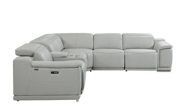 DivanItalia 9762 5-Piece L Shaped Top Grain Italian Leather Sectional Sofa with 3 Power Recliners - Light Gray