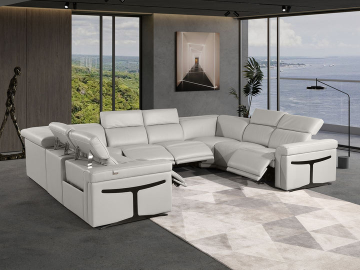 DivanItalia 1126 8-Piece U-Shaped Sectional Sofa in Top Grain Italian Leather with 4 Power Recliners &amp; Power Headrests – No Console - Light Gray