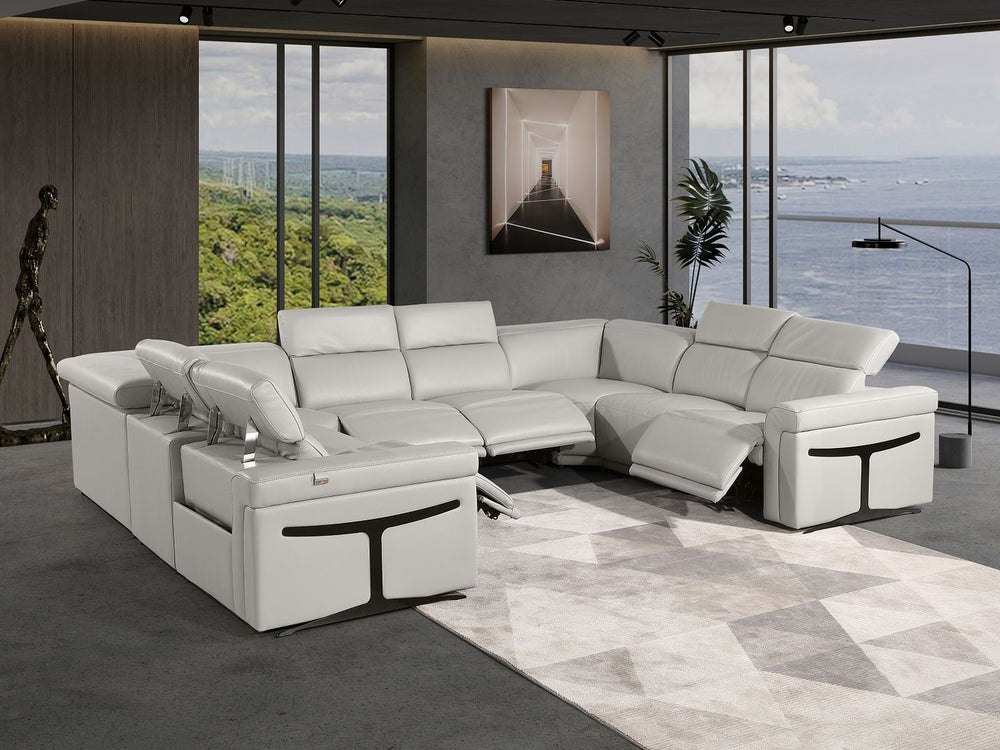 DivanItalia 1126 8-Piece U-Shaped Sectional Sofa in Top Grain Italian Leather with 4 Power Recliners & Power Headrests – No Console - Light Gray