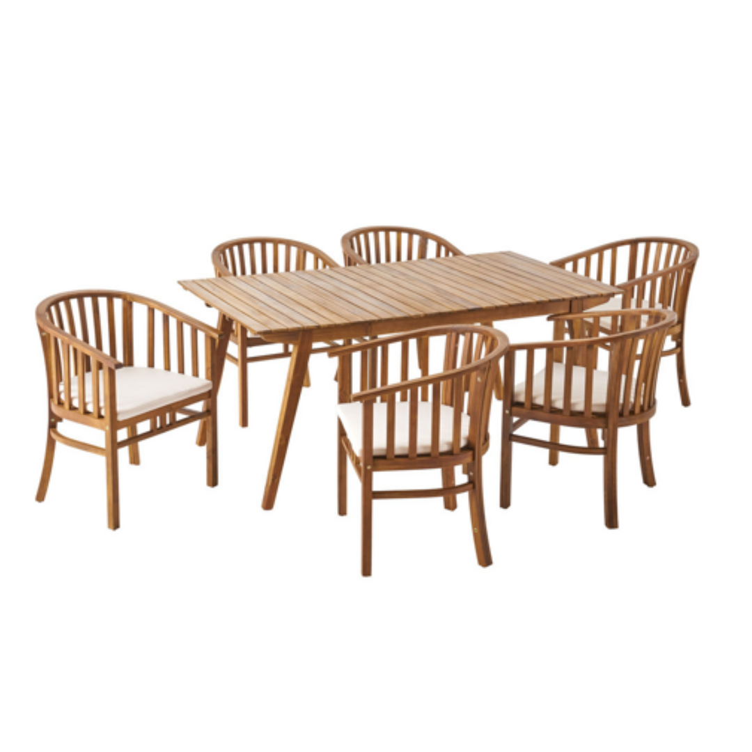 Acacia Wood Outdoor Dining Set – Teak &amp; Cream (7-Piece)