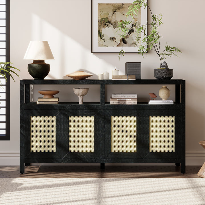 bohemian-style-rattan-sideboard-or-buffet-storage-cabinet-with-solid-wood-frame-black