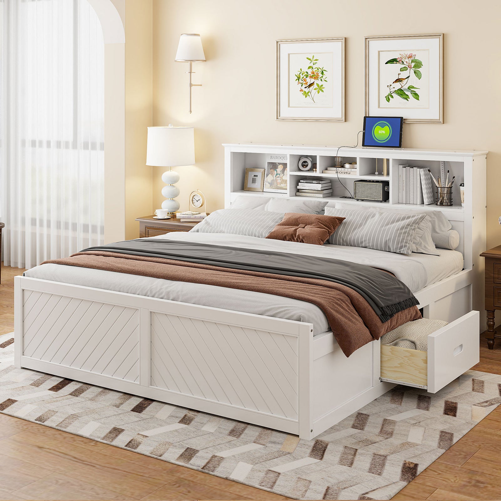 King Size Wood Platform Bed with storage Headboard, USB and Drawers - White