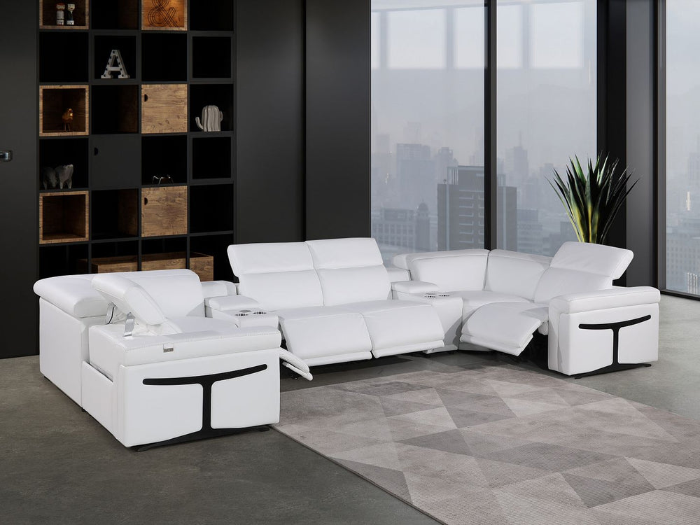 DivanItalia 1126 8-Piece U-Shaped Sectional Sofa in Top Grain Italian Leather with 4 Power Recliners & Power Headrests – with Console - White
