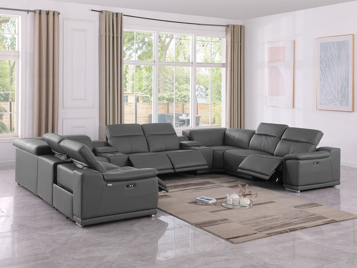 DivanItalia 9762 10-Piece U Shaped Top Grain Italian Leather Sectional Sofa with 4 Power Recliners - Dark Gray