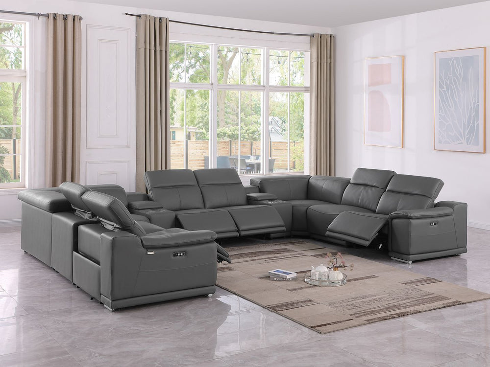 DivanItalia 9762 10-Piece U Shaped Top Grain Italian Leather Sectional Sofa with 4 Power Recliners - Dark Gray