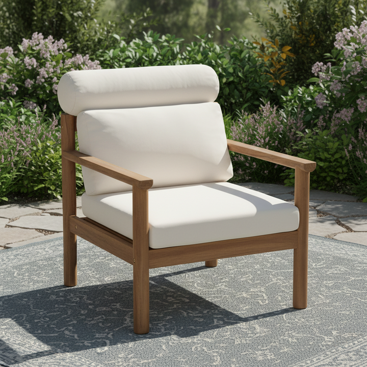 28" Acacia Outdoor Lounge Chair – Light Brown &amp; Beige