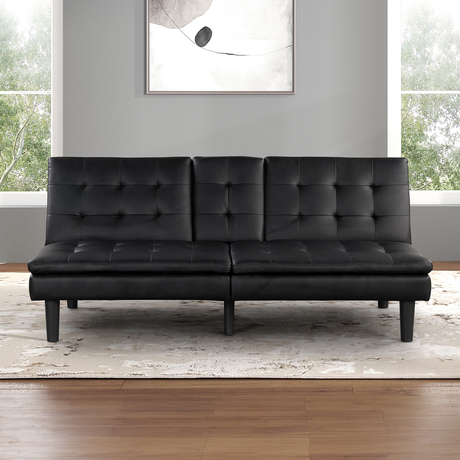 Contemporary Style Futon Sofa Bed Black Finish Built In USB Chargers Biscuit Tufting Seat And Back Back Seat Drop Down Table With Cup Holder Easily Convert To Bed