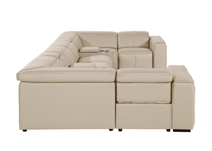 DivanItalia 1224 8-Piece U-Shaped Sectional Sofa in Top Grain Italian Leather with 4 Power Recliners &amp; Power Headrests – with Console - Beige