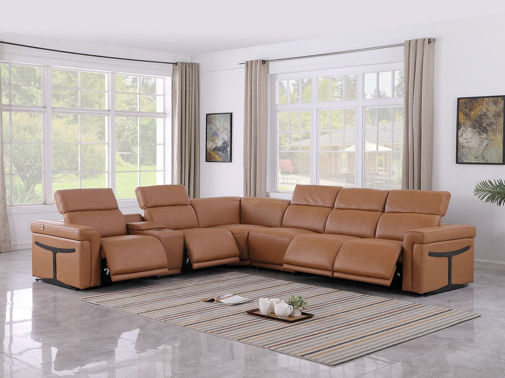 DivanItalia 1126 7-Piece L-Shaped Sectional Sofa in Top Grain Italian Leather with 4 Power Recliners & Power Headrests - Cognac