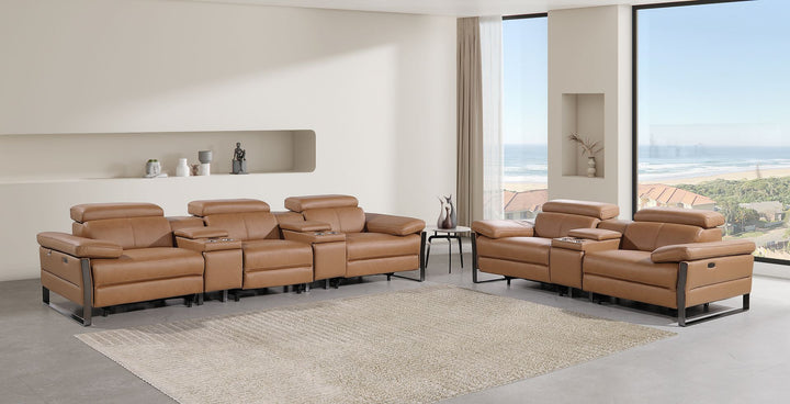 DivanItalia 1246 Modular Power Reclining Dual Console Sofa and Console Loveseat Set with Power Headrests – Top Grain Italian Leather - Cognac