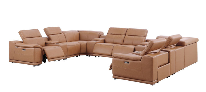 DivanItalia 9762 12-Piece U Shaped Top Grain Italian Leather Sectional Sofa with 4 Power Recliners - Cognac