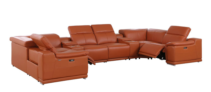 DivanItalia 9762 8-Piece U Shaped Top Grain Italian Leather Sectional Sofa with 2 Power Recliners - Camel