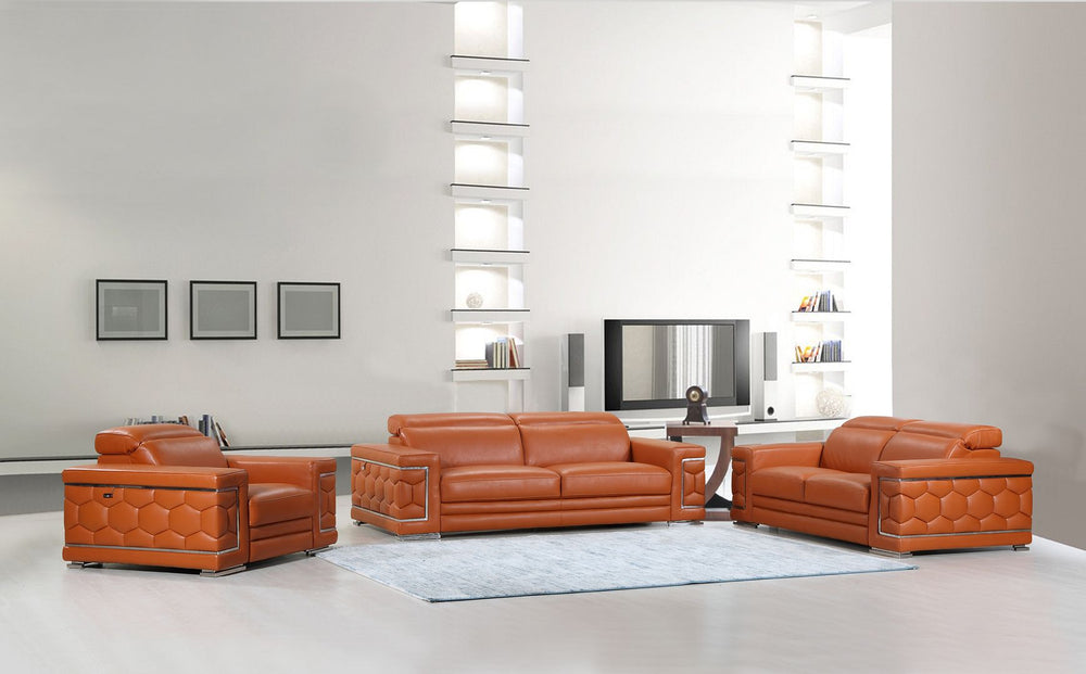 DivanItalia 692 3-Piece Sofa Set with Adjustable Headrest in Top-Grain Italian Leather - Camel