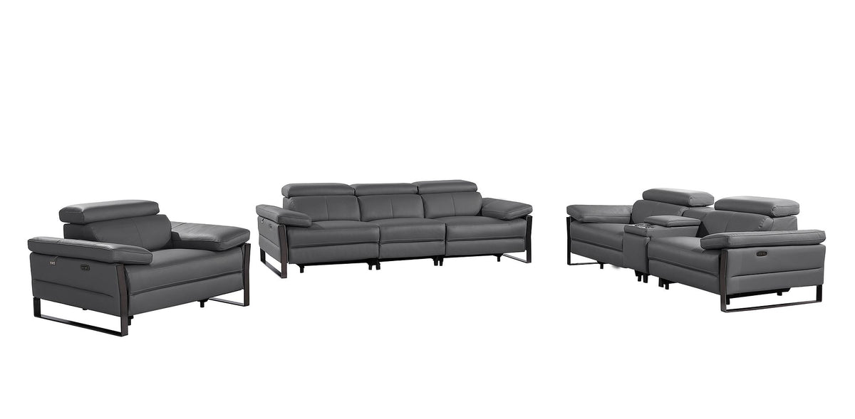 DivanItalia 1246 Modular Power Dual Reclining Sofa, Console Loveseat, and Chair Set with Power Headrests – Top Grain Italian Leather - Dark Gray