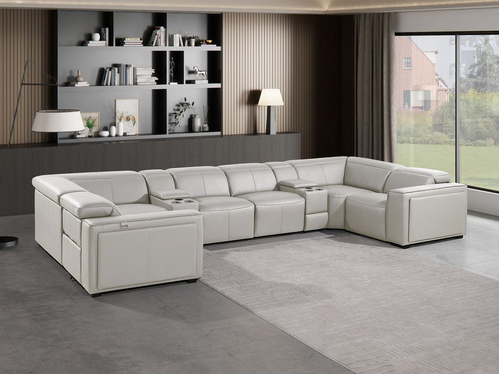 DivanItalia 1224 8-Piece U-Shaped Sectional Sofa in Top Grain Italian Leather with 4 Power Recliners & Power Headrests – with Console - Light Gray