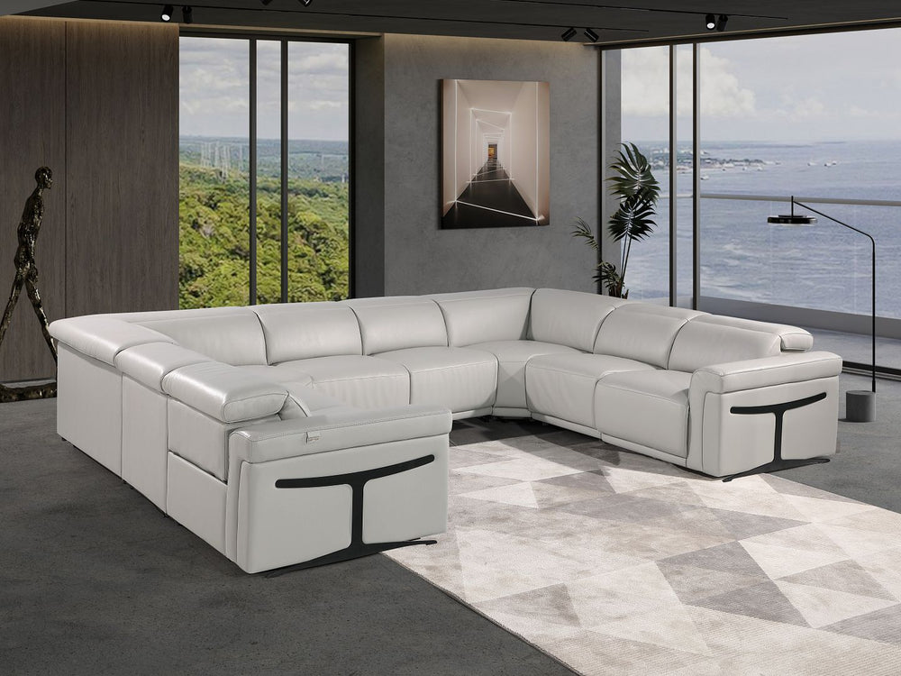 DivanItalia 1126 8-Piece U-Shaped Sectional Sofa in Top Grain Italian Leather with 4 Power Recliners & Power Headrests – No Console - Light Gray