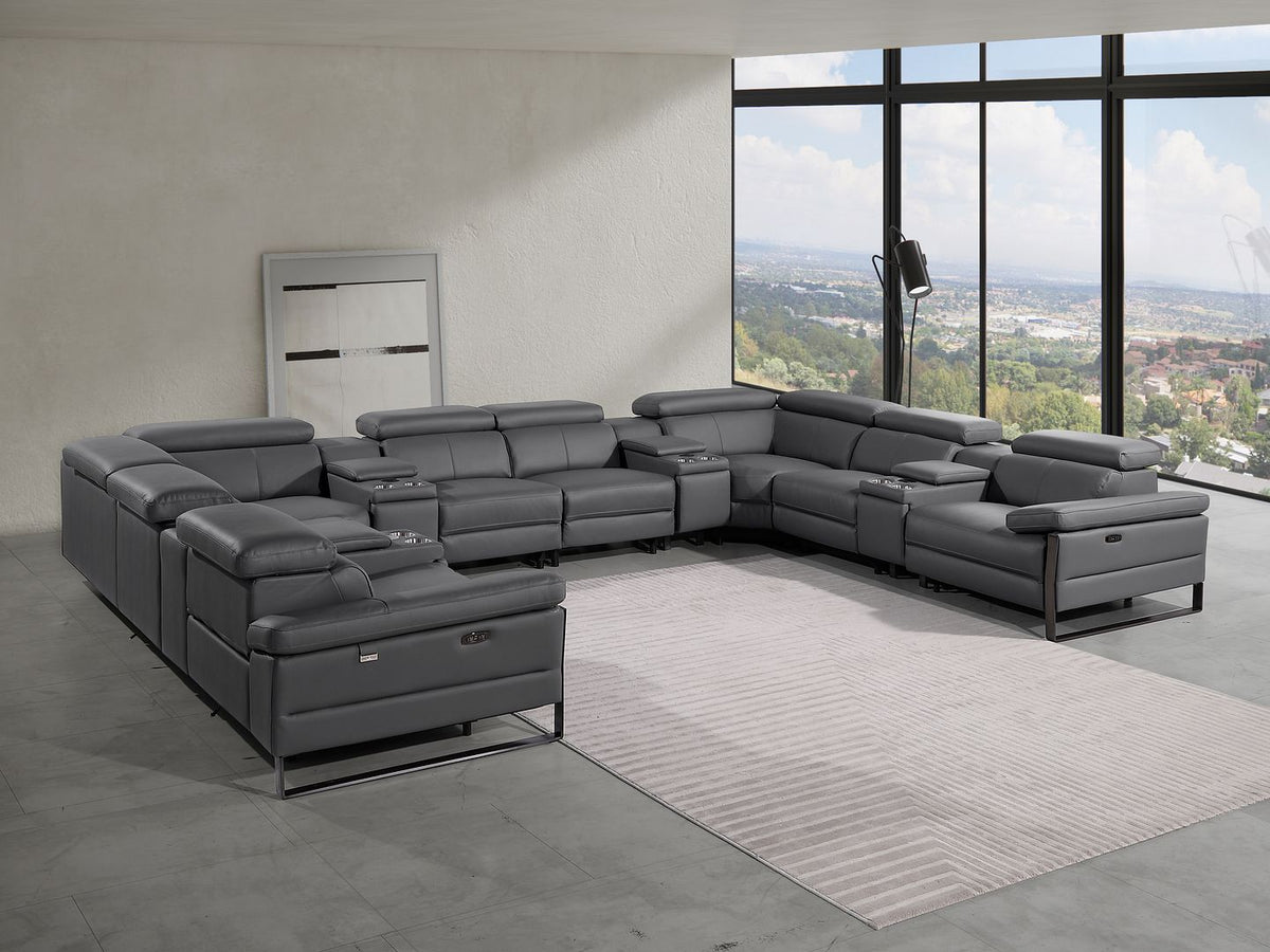 DivanItalia 1246 12-Piece U-Shaped Modular Power Reclining Sectional with 4 Power Recliners and Power Headrests – Top Grain Italian Leather - Dark Gray