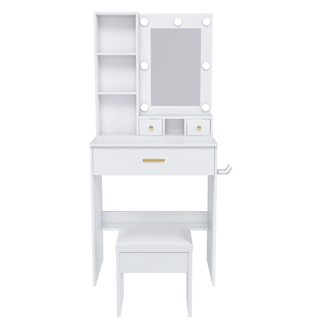 Compact White Vanity Table with Mirror, Adjustable LED Lights, Hair Dryer Holder & Stool