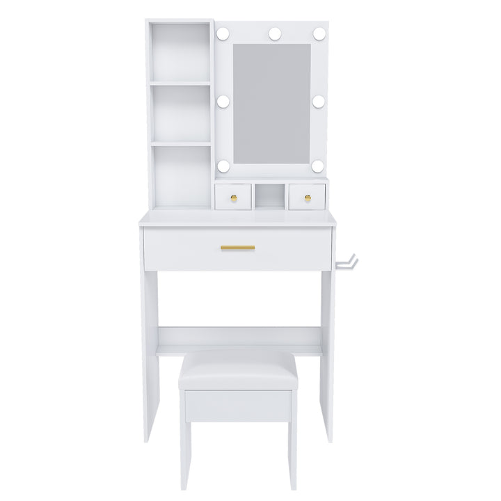 Compact White Vanity Table with Mirror, Adjustable LED Lights, Hair Dryer Holder & Stool