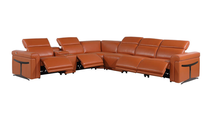 DivanItalia 1126 7-Piece L-Shaped Sectional Sofa in Top Grain Italian Leather with 4 Power Recliners &amp; Power Headrests - Camel