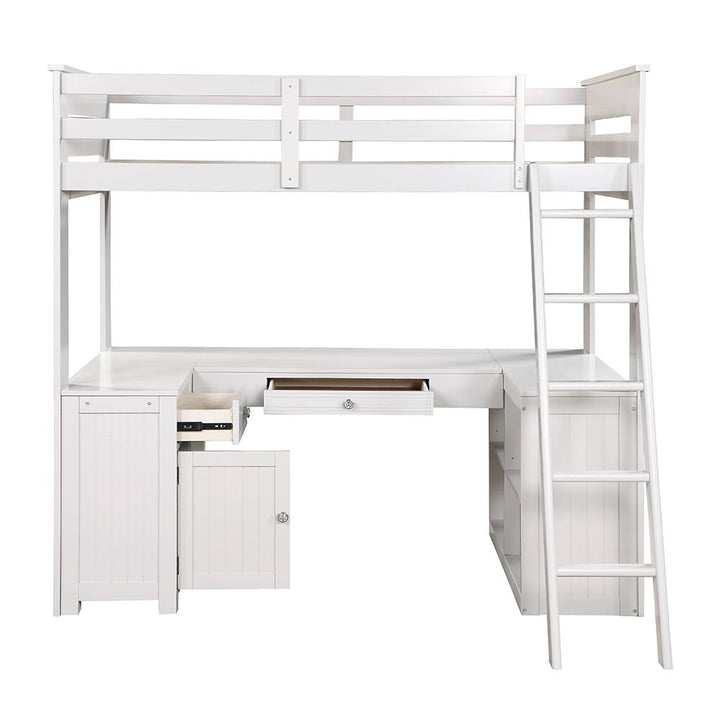 Ambar - Twin Loft Bed With Desk & Bookcase & Chest - Light Gray