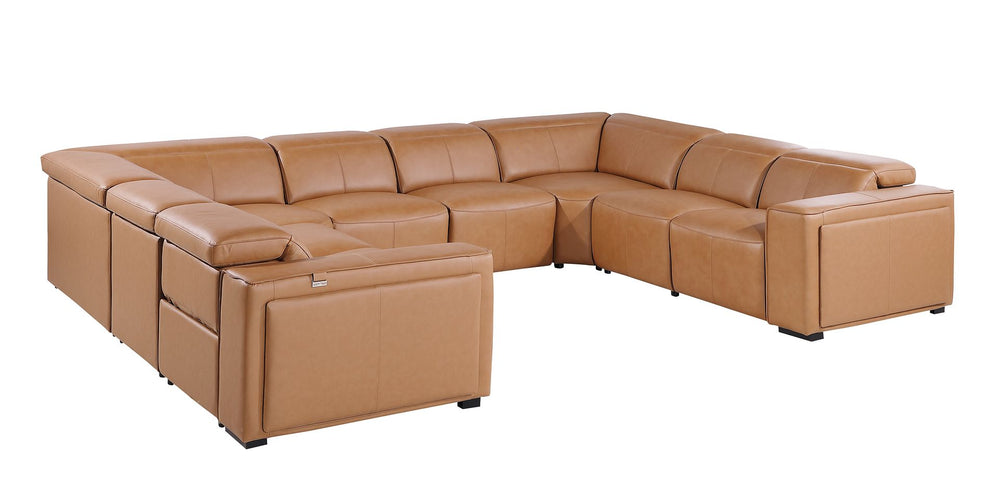 DivanItalia 1224 8-Piece U-Shaped Sectional Sofa in Top Grain Italian Leather with 4 Power Recliners & Power Headrests – No Console - Cognac