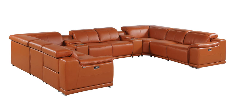 DivanItalia 9762 10-Piece U Shaped Top Grain Italian Leather Sectional Sofa with 4 Power Recliners - Camel