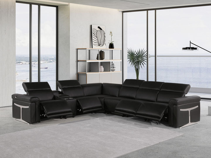 DivanItalia 1126 7-Piece L-Shaped Sectional Sofa in Top Grain Italian Leather with 4 Power Recliners &amp; Power Headrests - Black