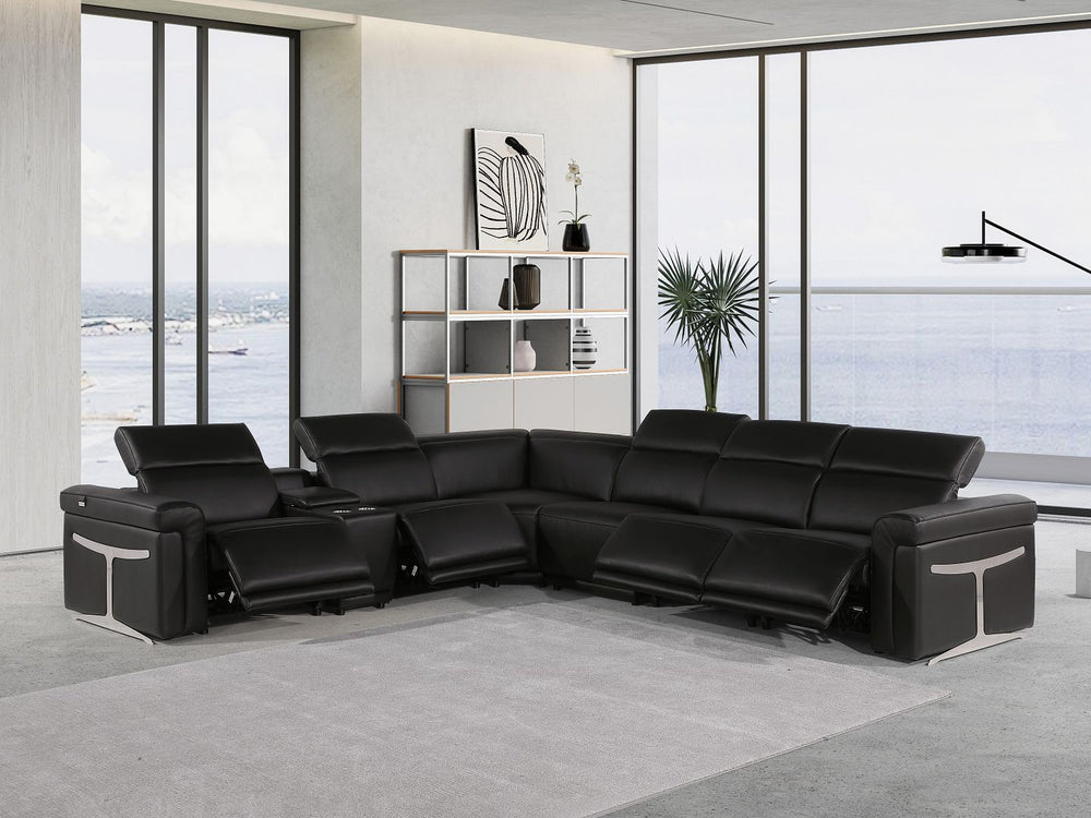 DivanItalia 1126 7-Piece L-Shaped Sectional Sofa in Top Grain Italian Leather with 4 Power Recliners & Power Headrests - Black