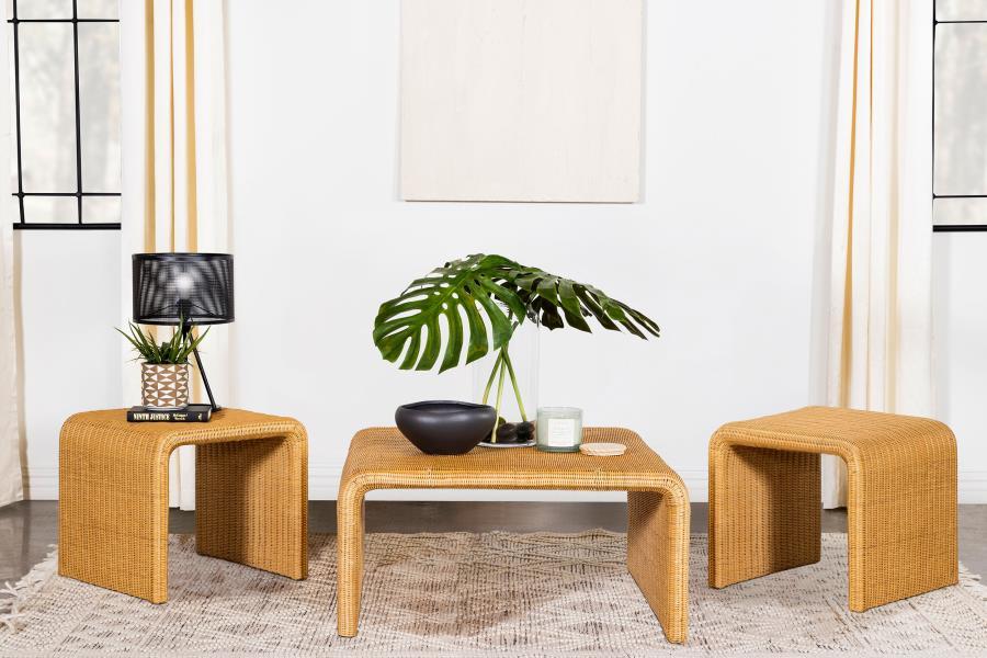 Cahya - 3 Piece Rattan Coffee And End Table Set - Natural Coffee Table Set modern furniture Contempo Furniture