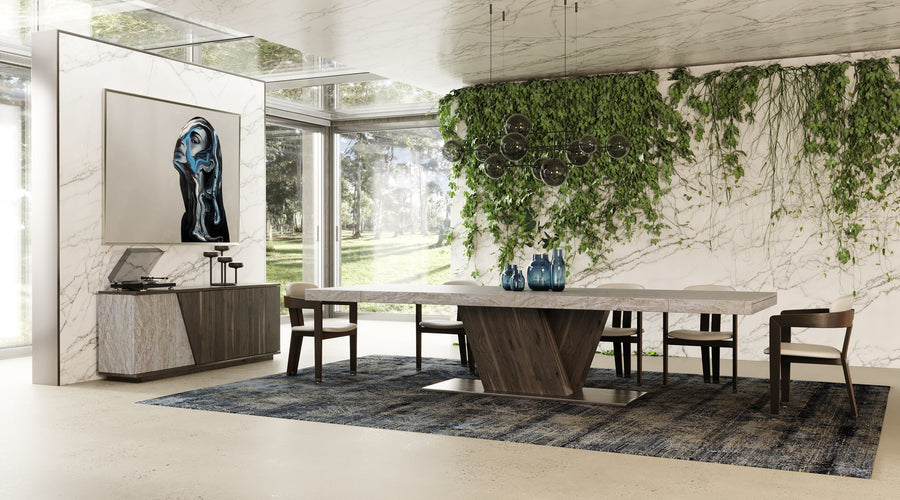 Cairo - Italian Modern Faux Marble  and  Pecan Elm Extendable Dining Table