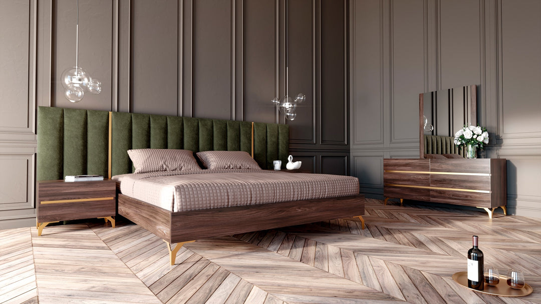Calabria Modern Walnut & Green Velvet Bedroom Set