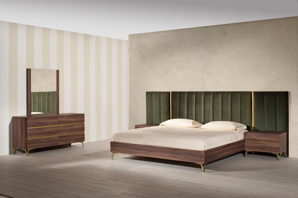 Calabria Modern Walnut & Green Velvet Bedroom Set