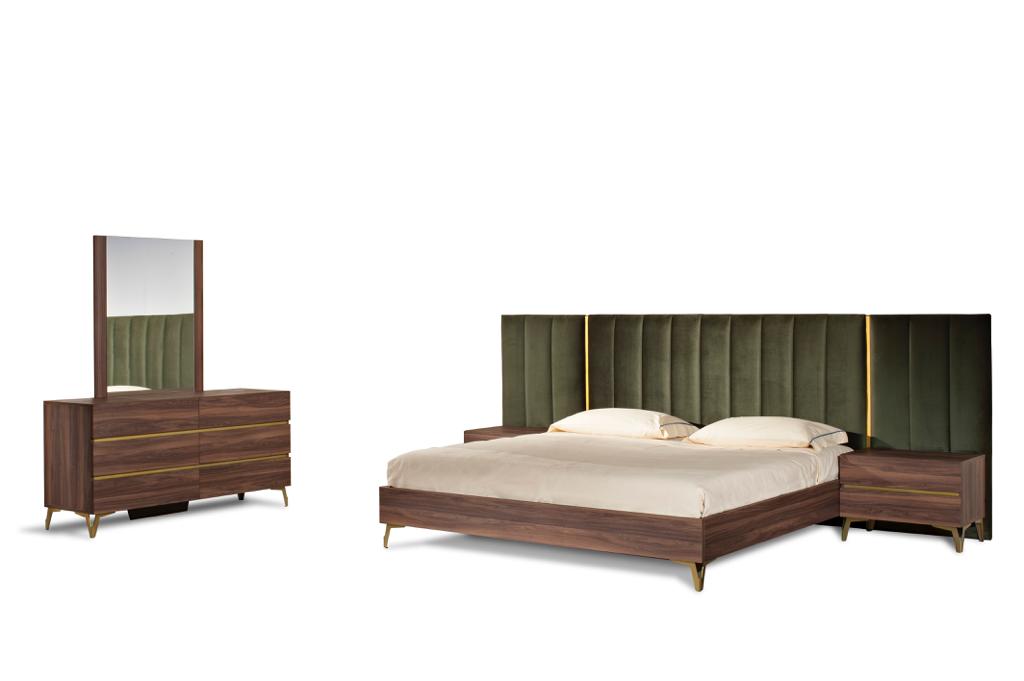 Calabria Modern Walnut & Green Velvet Bedroom Set
