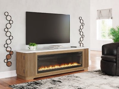 Camdill 80" TV Stand with Electric Fireplace - Light Brown Fireplace TV Stand modern furniture Contempo Furniture