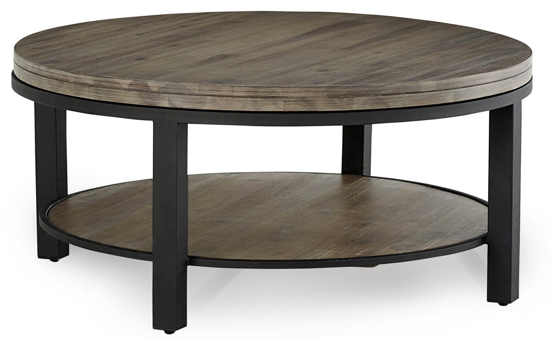 Canyon Solid Wood and Metal Round Coffee Table in Washed Grey Coffee Table modern furniture Contempo Furniture