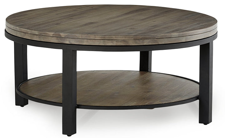 Canyon Solid Wood and Metal Round Coffee Table in Washed Grey Coffee Table modern furniture Contempo Furniture