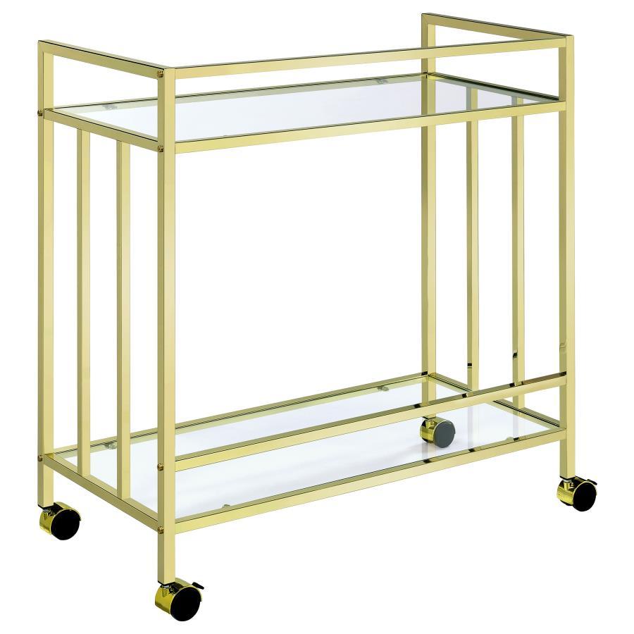 Cara - 2 - Tier Rectangular Glass Shelf Metal Bar Cart - Brass Bar Cart modern furniture Contempo Furniture
