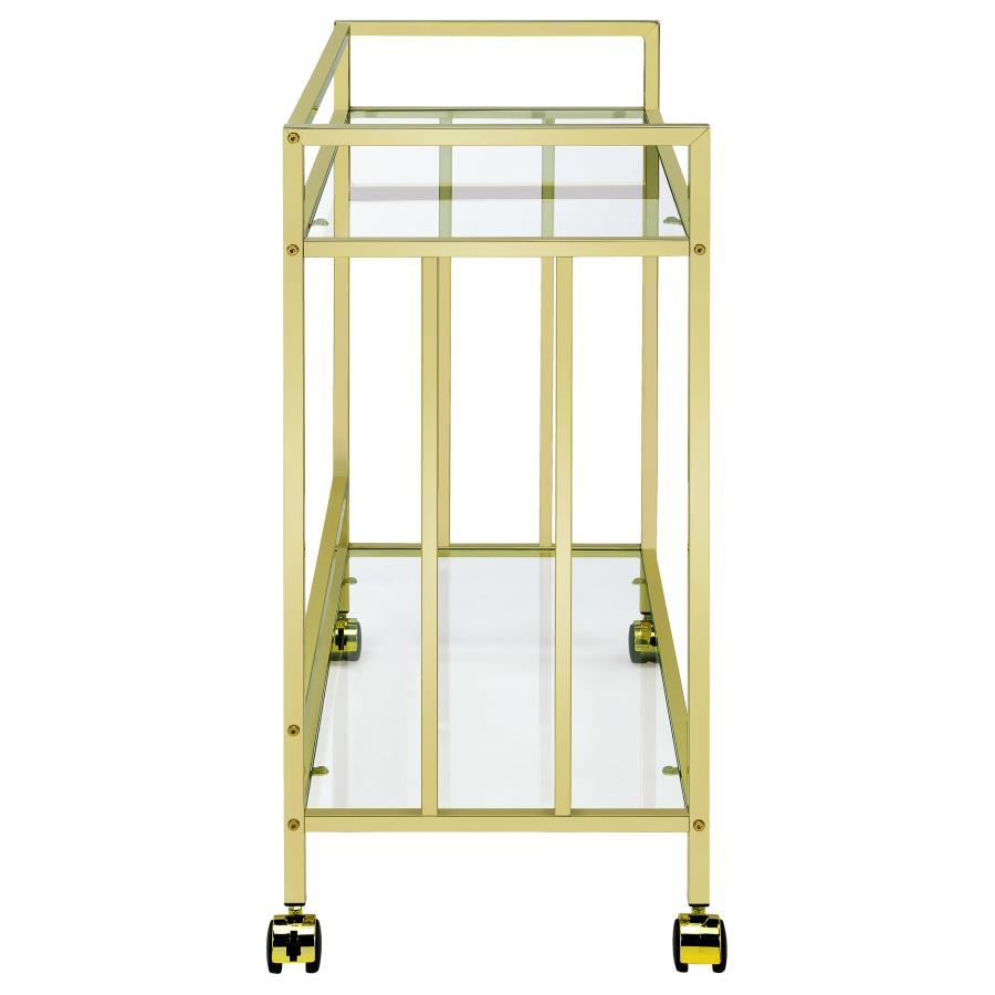 Cara - 2 - Tier Rectangular Glass Shelf Metal Bar Cart - Brass Bar Cart modern furniture Contempo Furniture