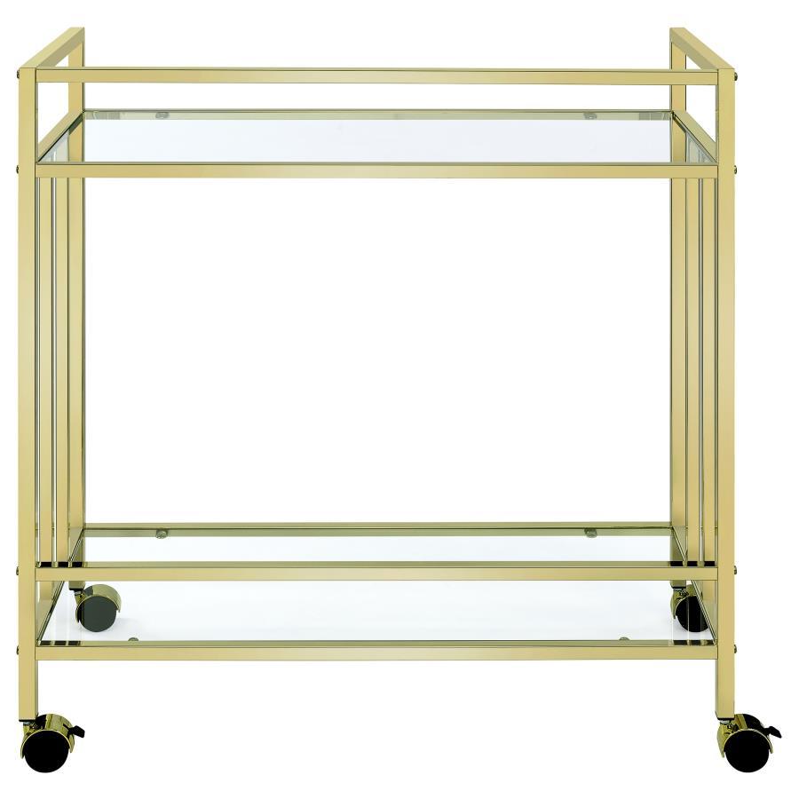 Cara - 2 - Tier Rectangular Glass Shelf Metal Bar Cart - Brass Bar Cart modern furniture Contempo Furniture