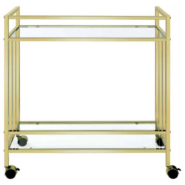 Cara - 2 - Tier Rectangular Glass Shelf Metal Bar Cart - Brass Bar Cart modern furniture Contempo Furniture
