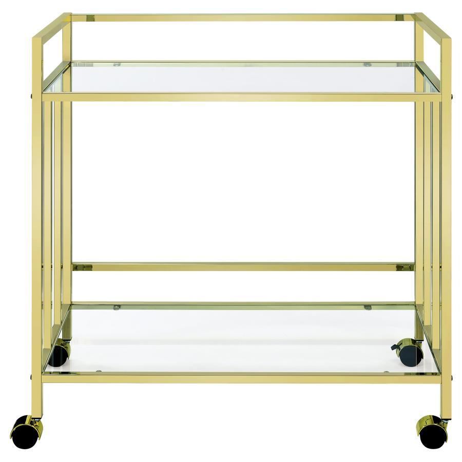 Cara - 2 - Tier Rectangular Glass Shelf Metal Bar Cart - Brass Bar Cart modern furniture Contempo Furniture