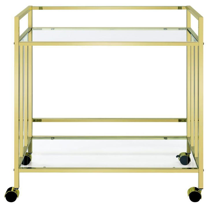 Cara - 2 - Tier Rectangular Glass Shelf Metal Bar Cart - Brass Bar Cart modern furniture Contempo Furniture