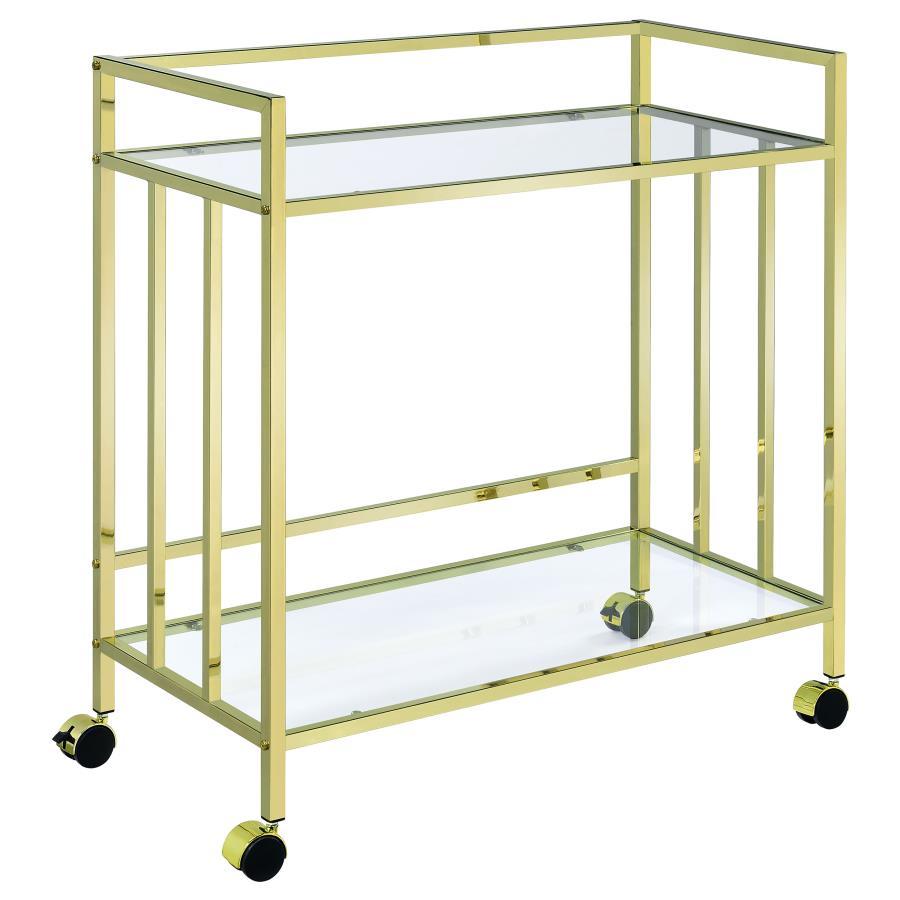 Cara - 2 - Tier Rectangular Glass Shelf Metal Bar Cart - Brass Bar Cart modern furniture Contempo Furniture