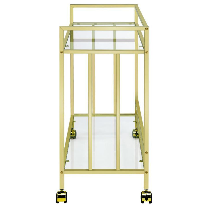Cara - 2 - Tier Rectangular Glass Shelf Metal Bar Cart - Brass Bar Cart modern furniture Contempo Furniture