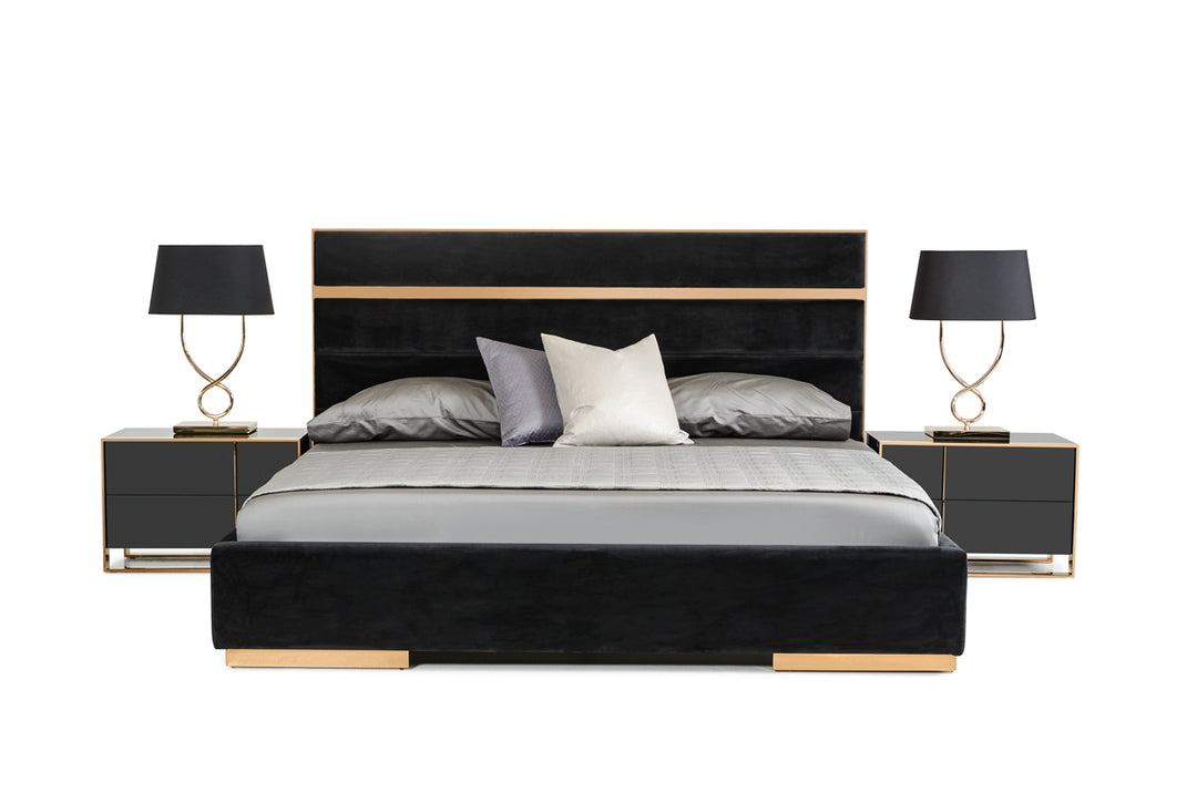 Queen Nova Domus Cartier Modern Black Velvet  and  Brushed Bronze Bed