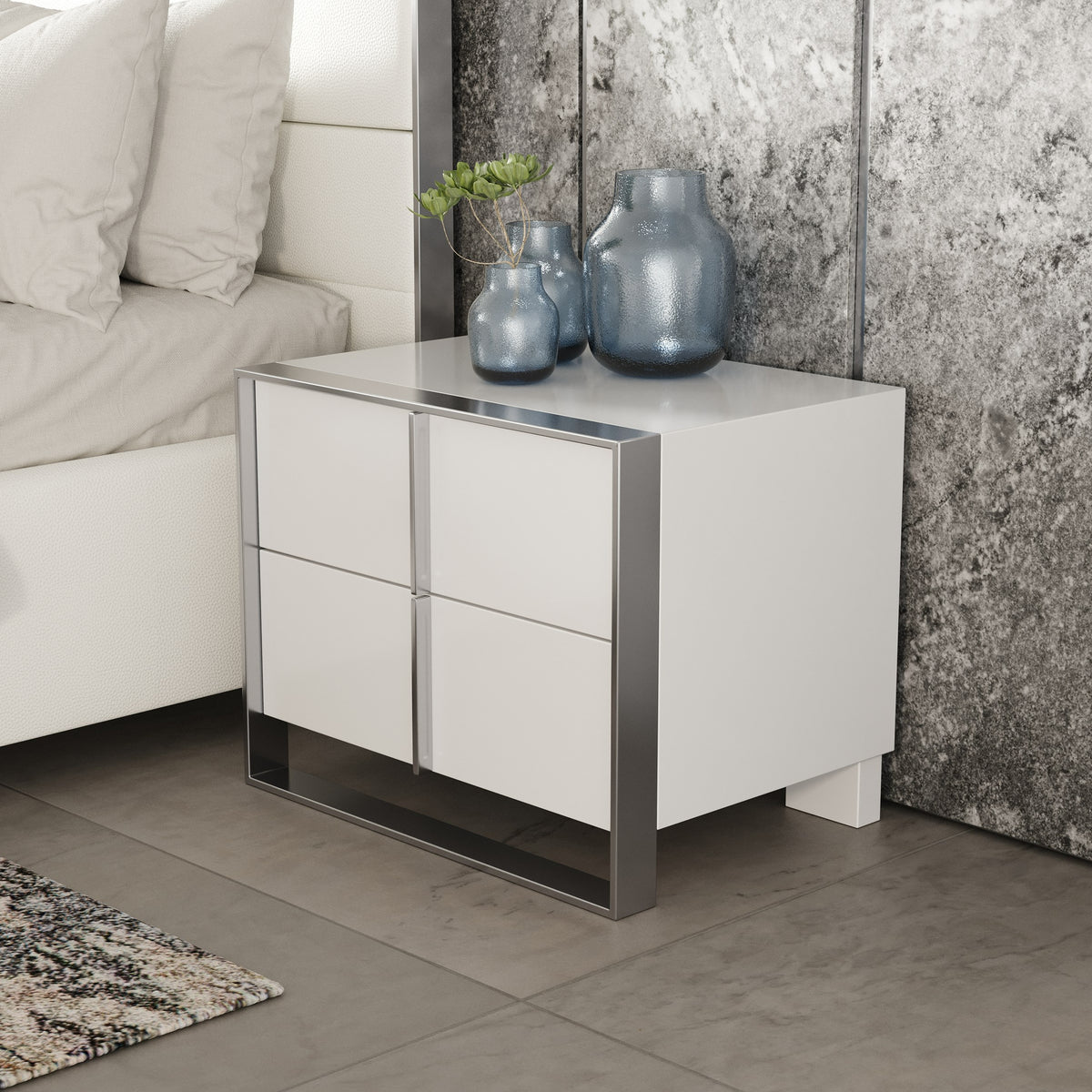 Cartier - Modern White + Stainless Steel Nightstand - View 2