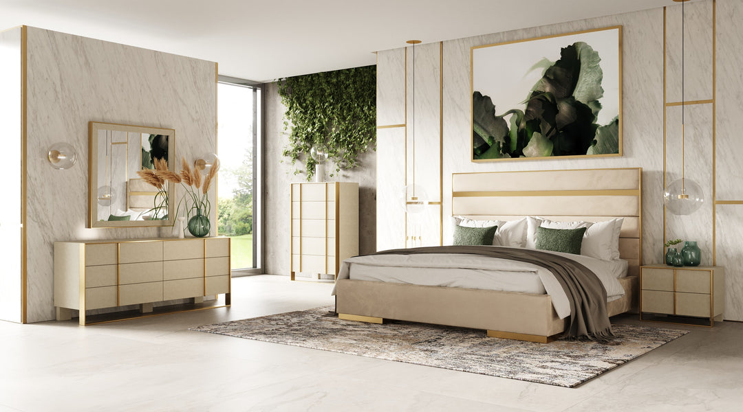 Queen Cartier - Modern Beige Velvet + Brushed Brass 4-Piece Bedroom Set
