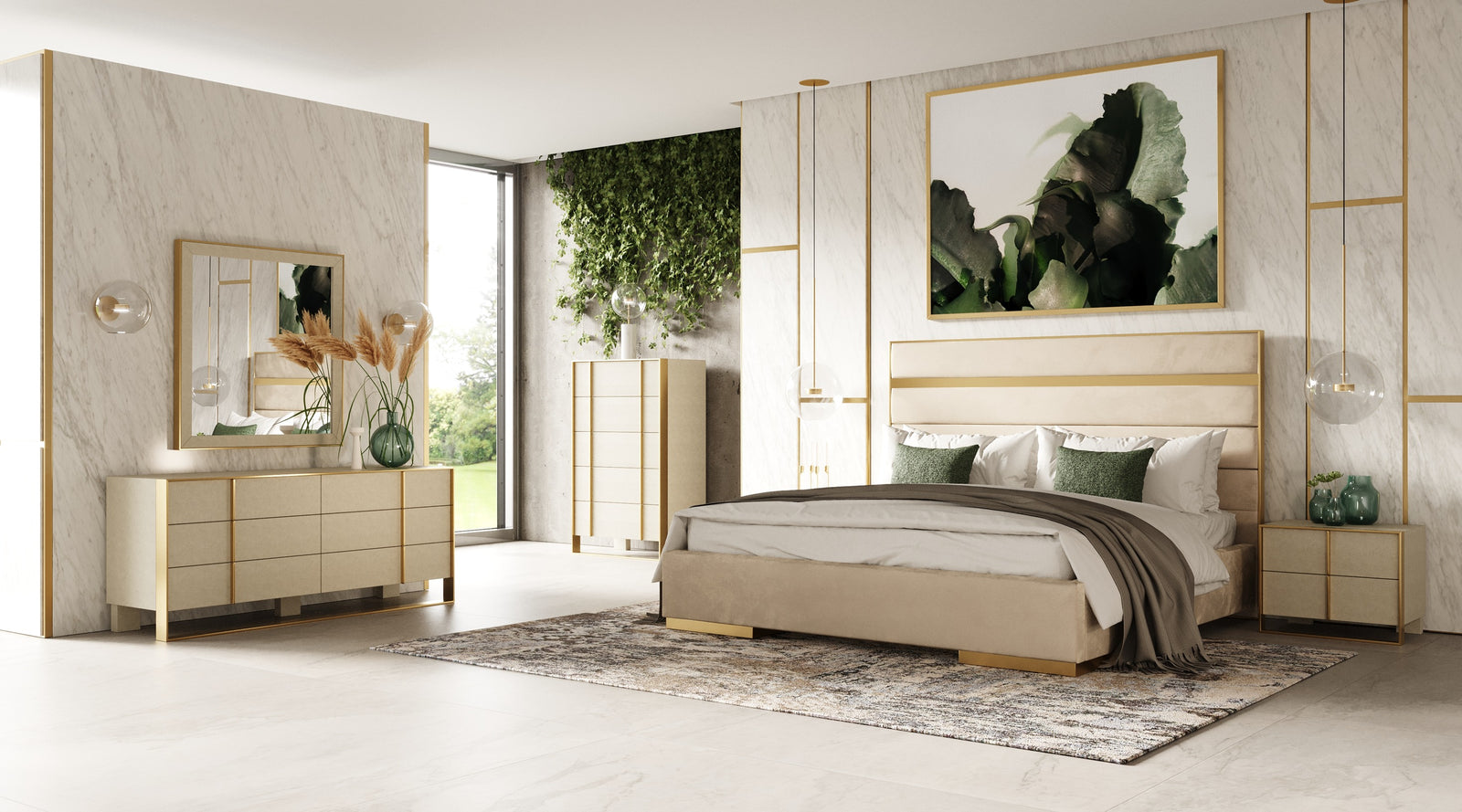 California King Modrest Cartier - Modern Beige Velvet  Brushed Brass 4-Piece Bedroom Set